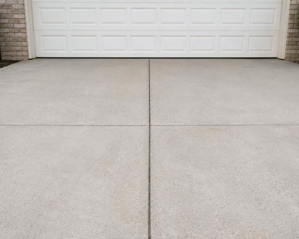 Clean concrete driveway in front of a white garage door